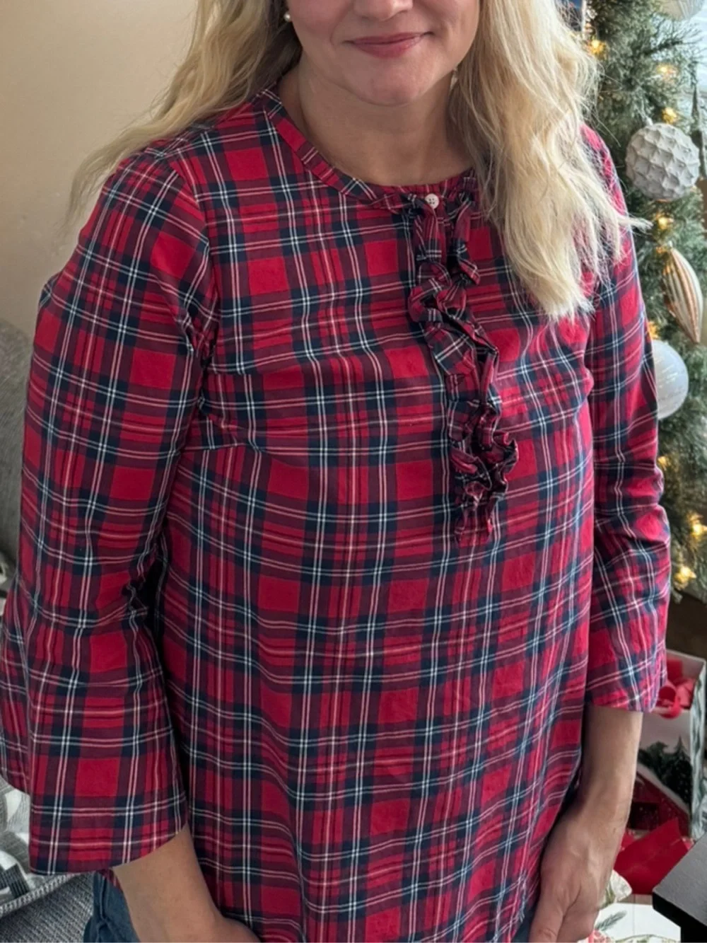 Draper James Red Plaid Button-Down Ruffle Front Top - Picture 2 of 7